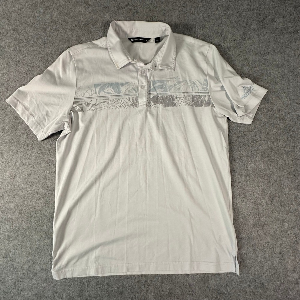 TravisMathew Polo Shirt Mens Large White Floral Chest Stripe Golf Mountaingate